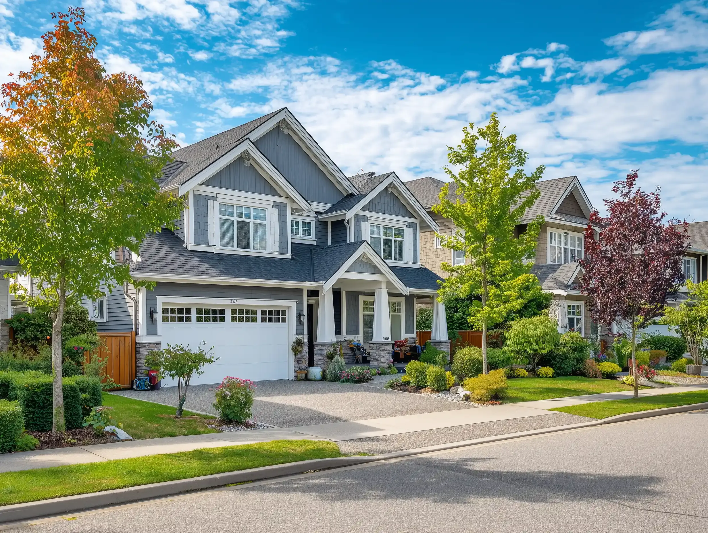 A two-story home with a front porch on a tree-lined street
